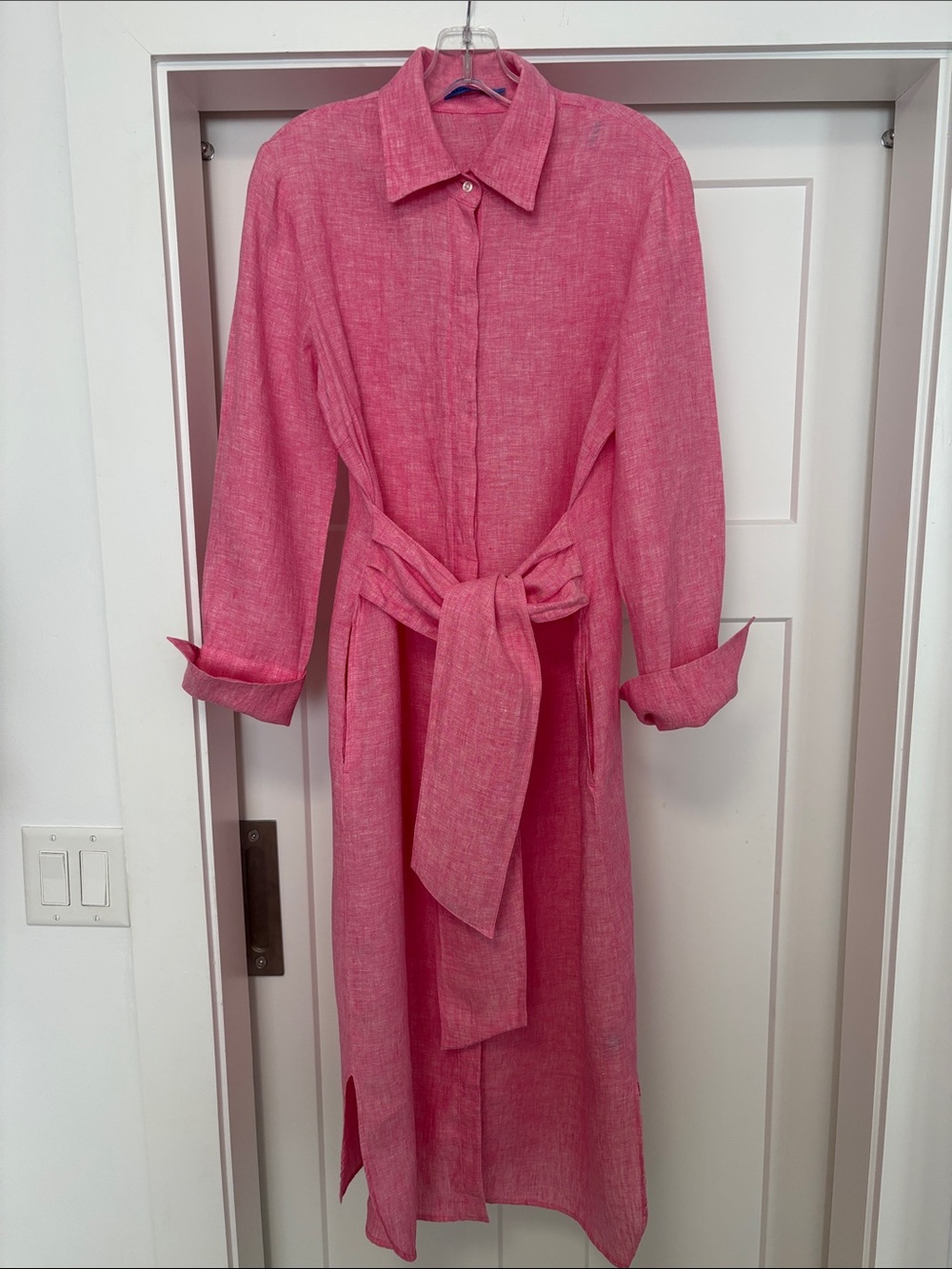 J. McLaughlin Pink Linen Belted Shirt Midi Dress